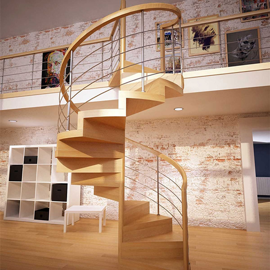Cầu thang xoắn kết hợp giữa khung kim loại và gỗ sồi sáng tự nhiên.