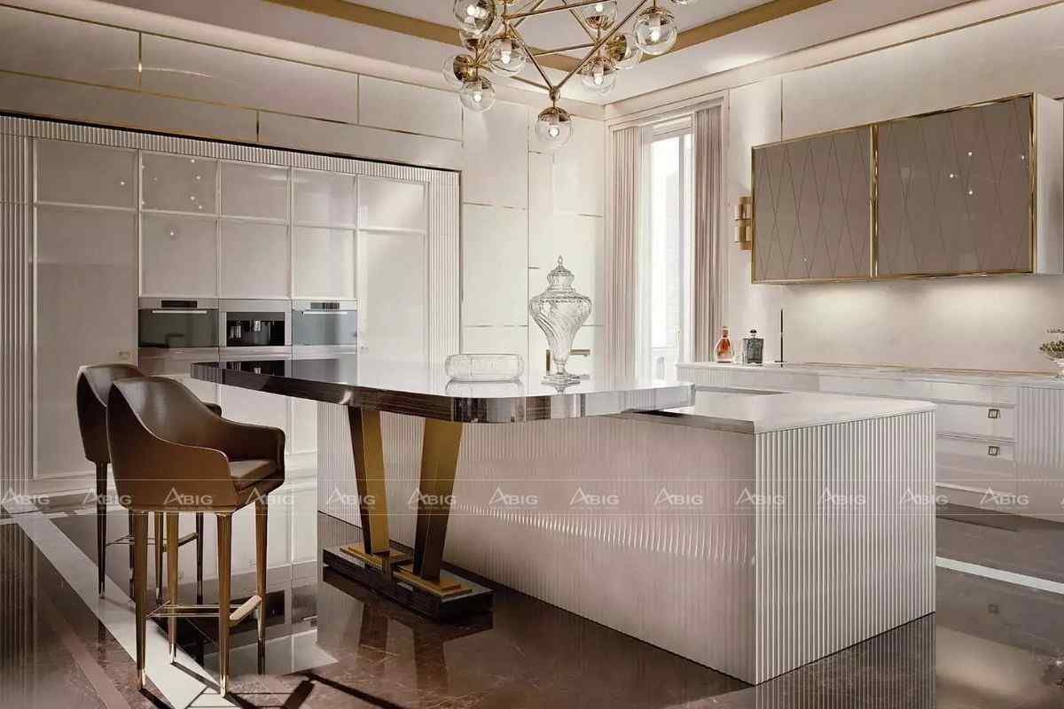 Phòng bếp Art Deco tối giản và đầy sang trọng với nội thất được thiết kế riêng