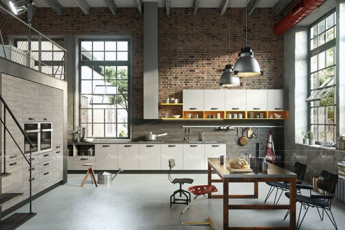 Phòng bếp phong cách công nghiệp đẹp với tone màu trung tính ấn tượng