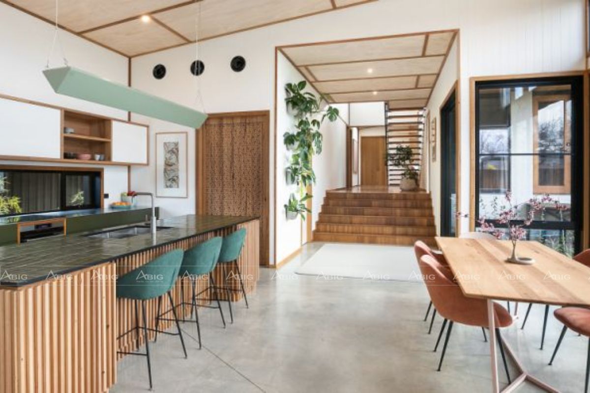 Mẫu thiết kế nội thất phòng bếp Nhật Bản đẹp mắt với các tone màu hài hòa