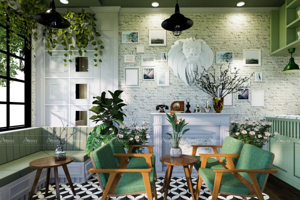 Thiết kế quán cafe gam xanh theo phong cách tropical