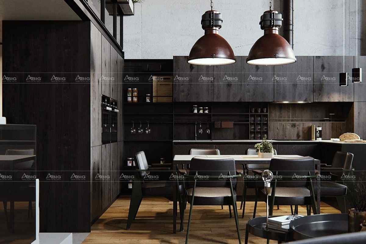 Lựa chọn tông màu đen trầm bao trùm toàn bộ nội thất phòng bếp