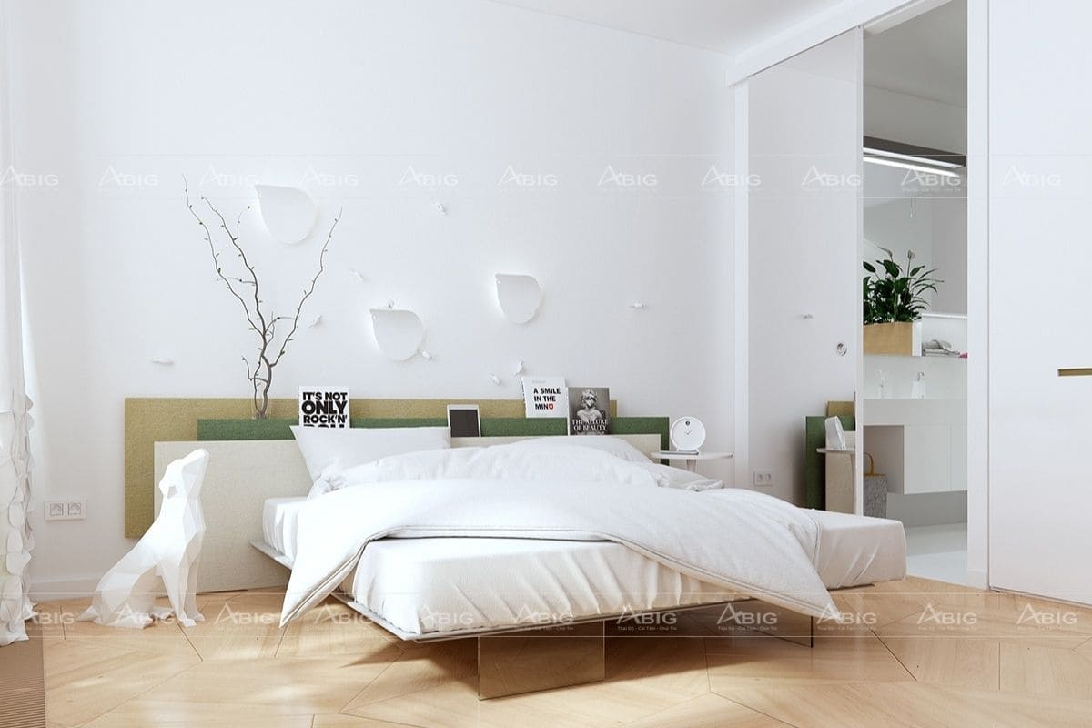 Phòng ngủ theo phong cách thiết kế nội thất tối giản sử dụng màu trắng làm tông màu chủ đạo.