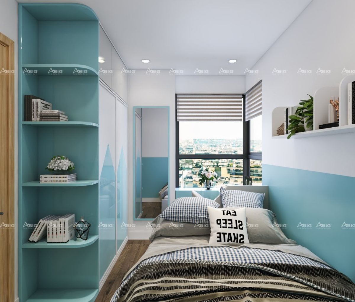 mẫu phòng ngủ nhà phố hiện đại xanh da trời