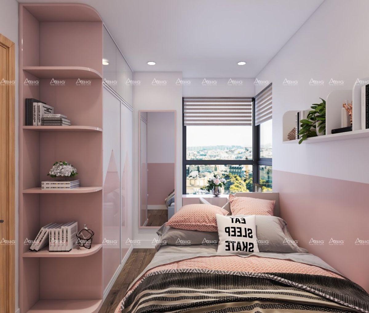 mẫu phòng ngủ nhà phố hiện đại màu hồng