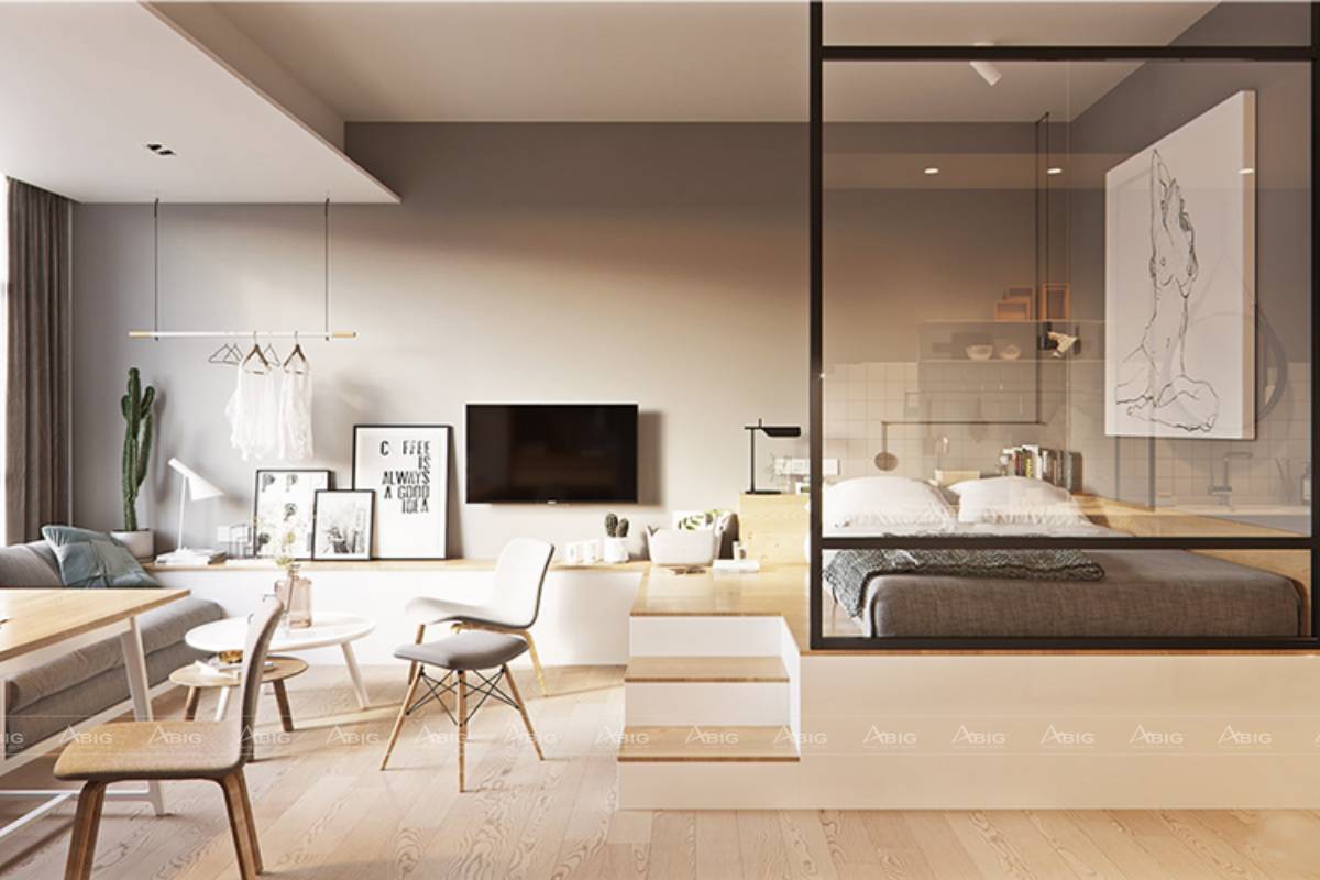 Phòng khách hiện đại với thiết kế sofa kết hợp giường ngủ, khung cửa kính hướng sáng giúp cơi nới không gian hiệu quả.