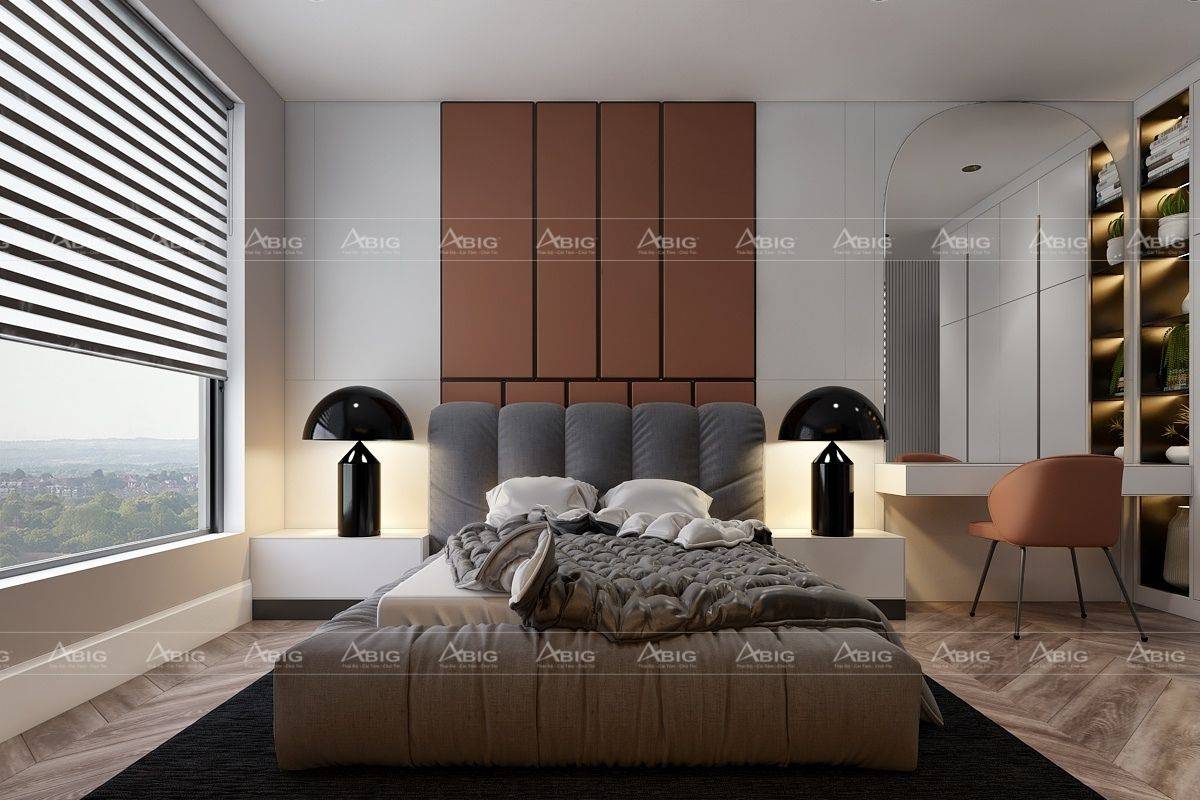 Tab đầu giường sử dụng đèn ngủ có thiết kế đặc biệt được bố trí đối xứng 