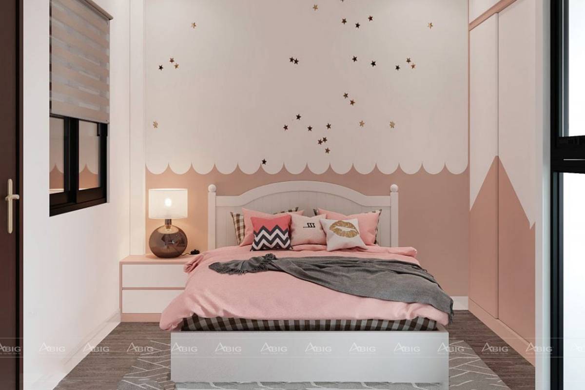 Phòng ngủ con với thiết kế màu hồng trắng dễ thương, phù hợp cho các bé gái.