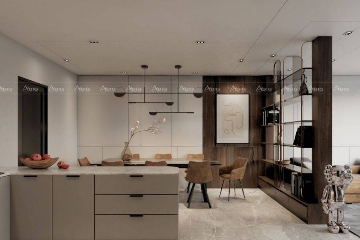 Khu vực bếp ngăn cách với phòng khách bằng hệ thống tủ đồ với thiết kế đầy sáng tạo