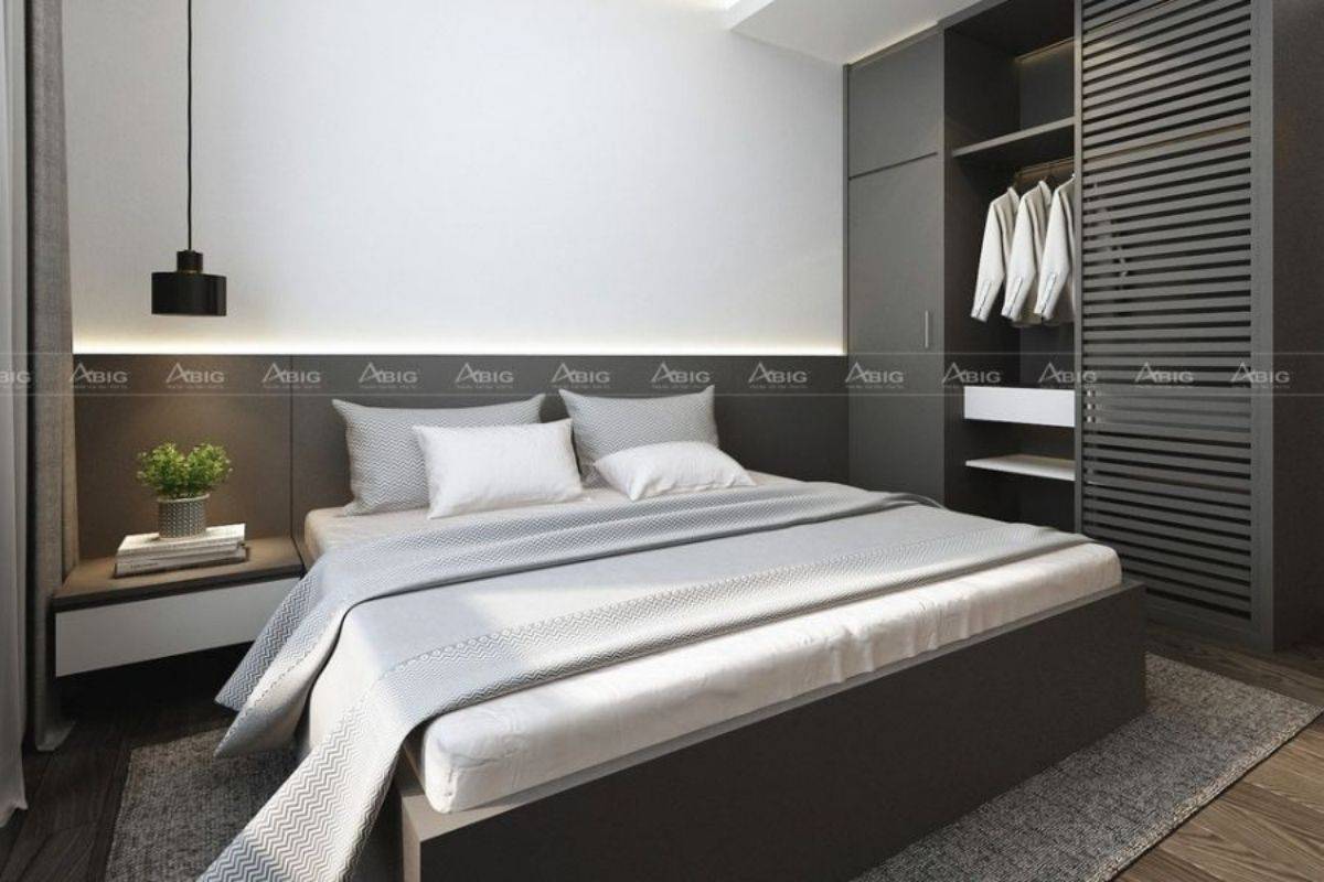 Phòng ngủ master sử dụng tông màu xám theo từng mức độ đậm nhạt khác nhau