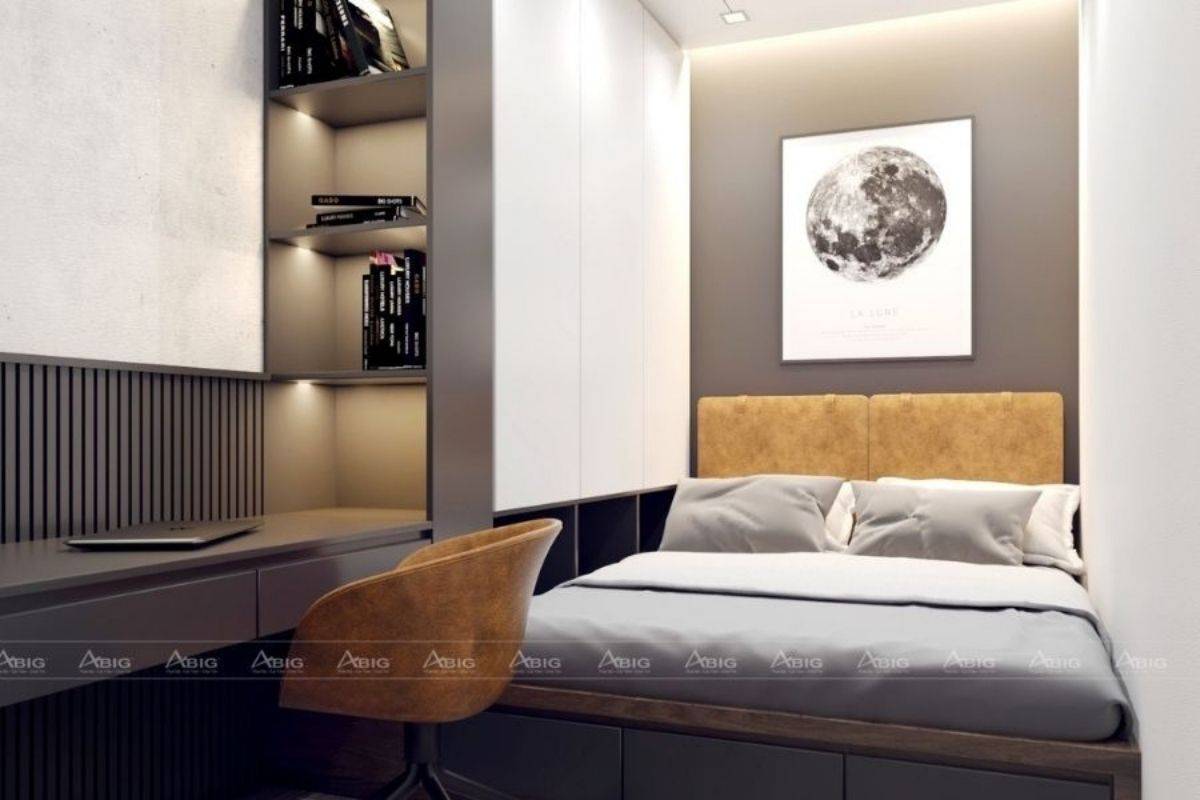 Phòng ngủ nhỏ số 2 có thiết kế tương tự với nội thất thông minh tiết kiệm diện tích