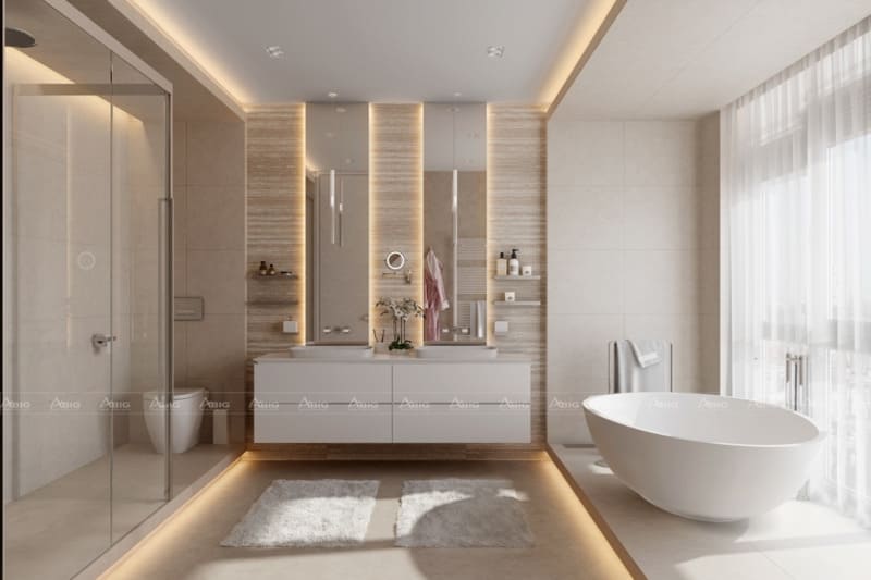Nhà vệ sinh kết hợp phòng tắm với tông màu trắng vàng hoàng gia