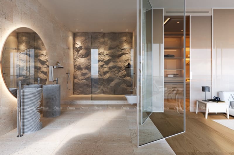 Nhà vệ sinh ốp đá nguyên khối tạo nét đẹp vừa hiện đại vừa cổ kính