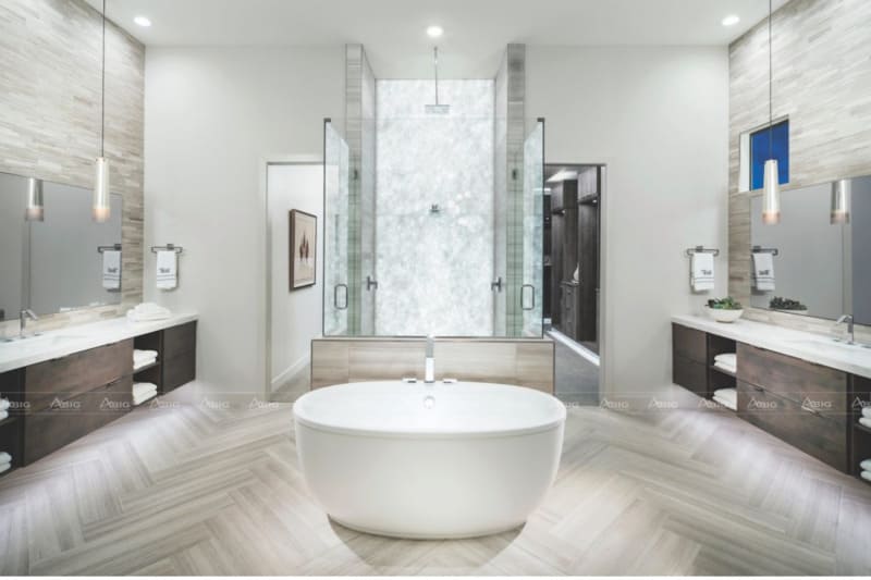 Thiết kế nhà tắm với bồn tắm tròn rộng rãi