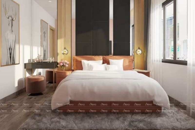 thiết kế phòng ngủ chính sang trọng với thảm lông và tranh nghệ thuật