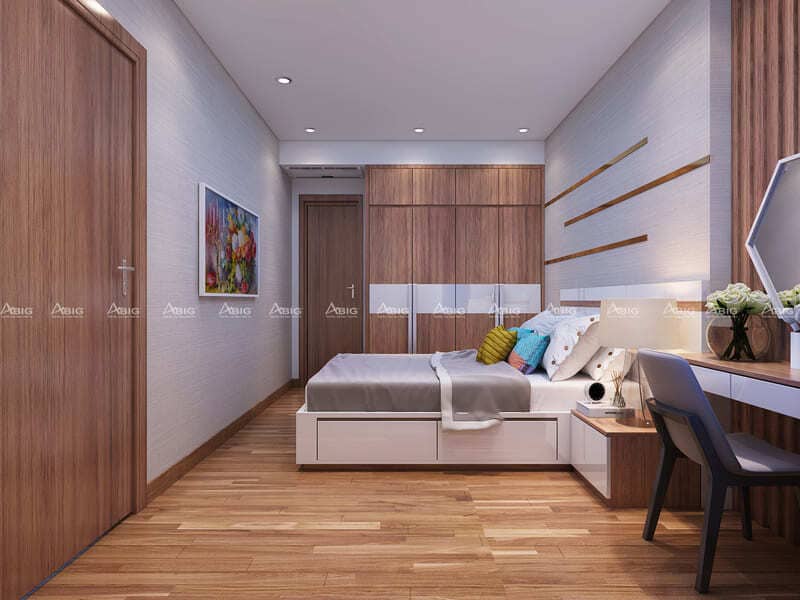 phòng ngủ được thiết kế nội thất gỗ đồng bộ tone màu chủ đạo của toàn bộ căn hộ