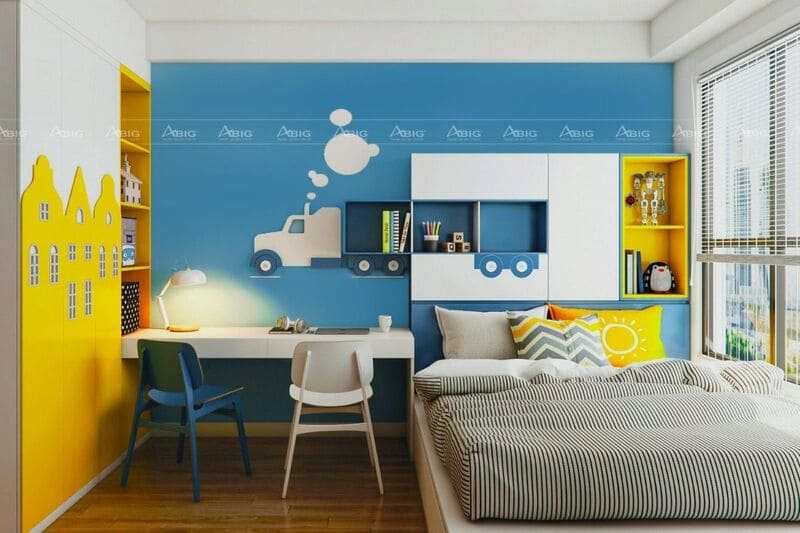 phòng ngủ cho bé với thiết kế gam màu đối lập vàng và xanh dương