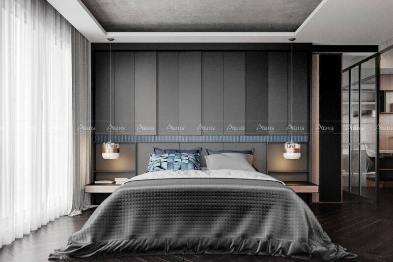 phòng ngủ chính được thiết kế tối giản với 3 tông màu đen xám và trắng