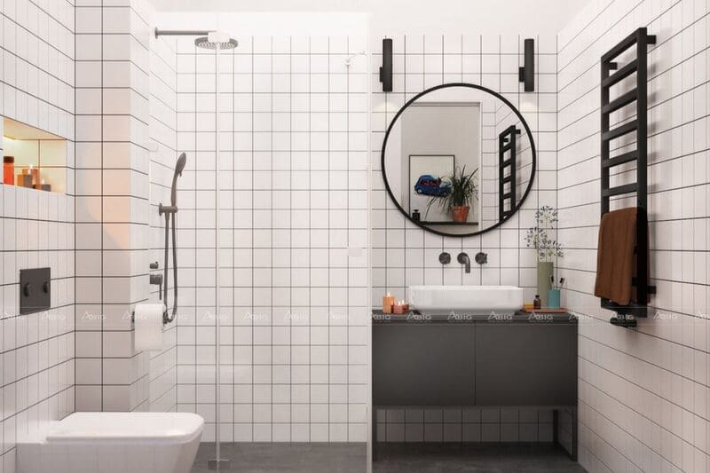 nhà tắm được thiết kế độc đáo với các ô gạch trắng viền đen ốp lát tỉ mĩ