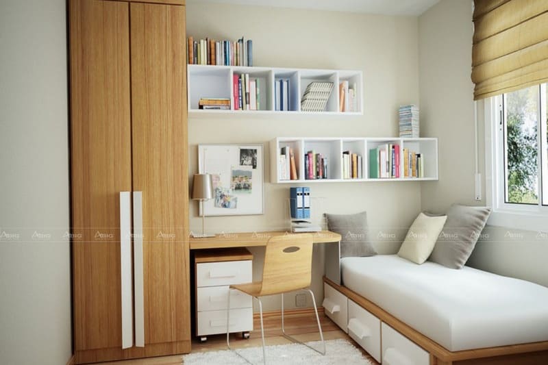 thiết kế phòng ngủ cho căn hộ nhỏ với gam màu sáng nâu gỗ và trắng