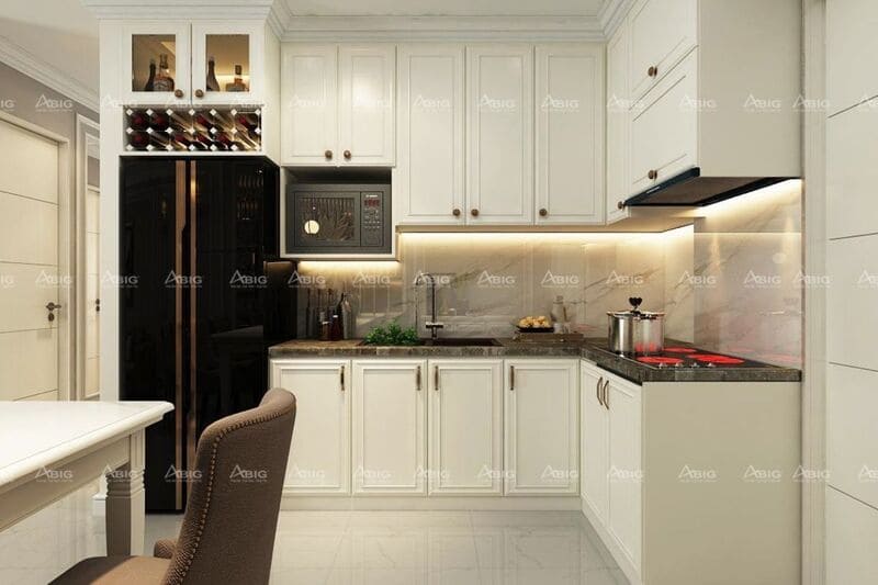 Thiết kế hệ thống tủ bếp với tông màu trắng chủ đạo sang trọng 