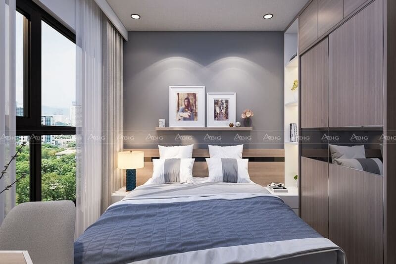 Phòng ngủ master đầy đủ tiện nghi sử dụng tranh treo tường trang trí