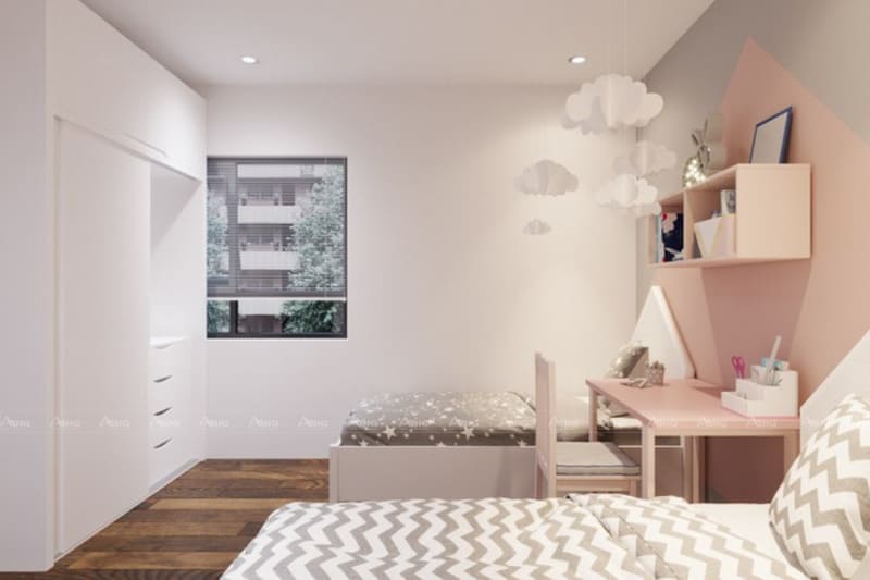 Phòng ngủ cho con với tone màu hồng trắng chủ đạo