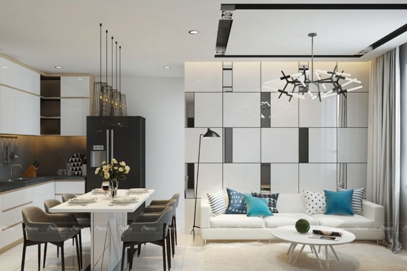 Phòng khách được thiết kế đơn giản, kết hợp với không gian phòng ăn, tối ưu diện tích sử dụng.
