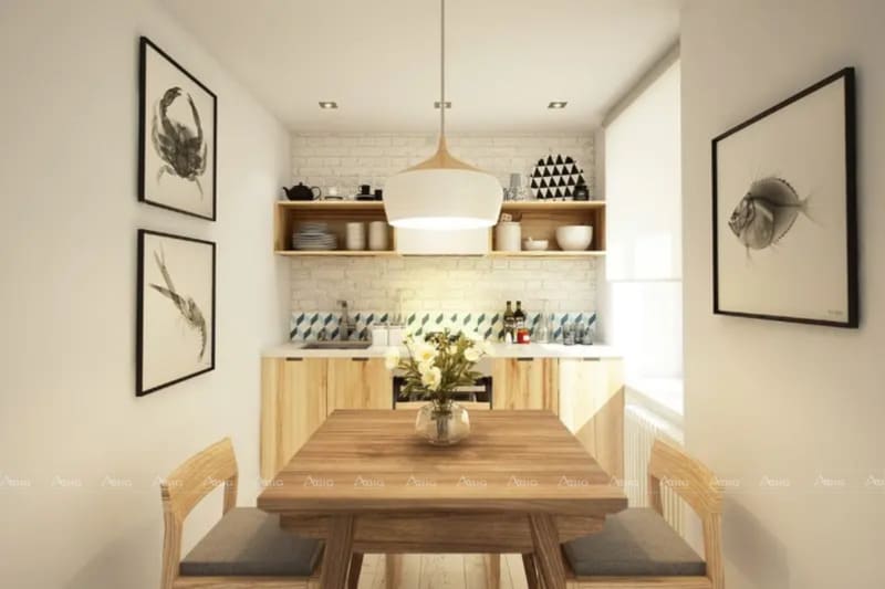 Bàn ăn đơn giản đặt gọn gàng một góc ở căn bếp, nội thất gỗ góp phần sang trọng cho không gian.