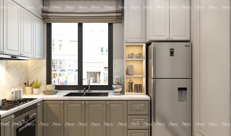 mẫu thiết kế phòng bếp chung cư phong cách cổ điển nhỏ gọn đầy đủ công năng