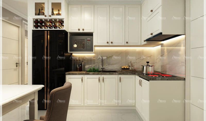 nhà bếp chung cư hiện đại được thiết kế theo phong cách cổ điển nhỏ gọn 