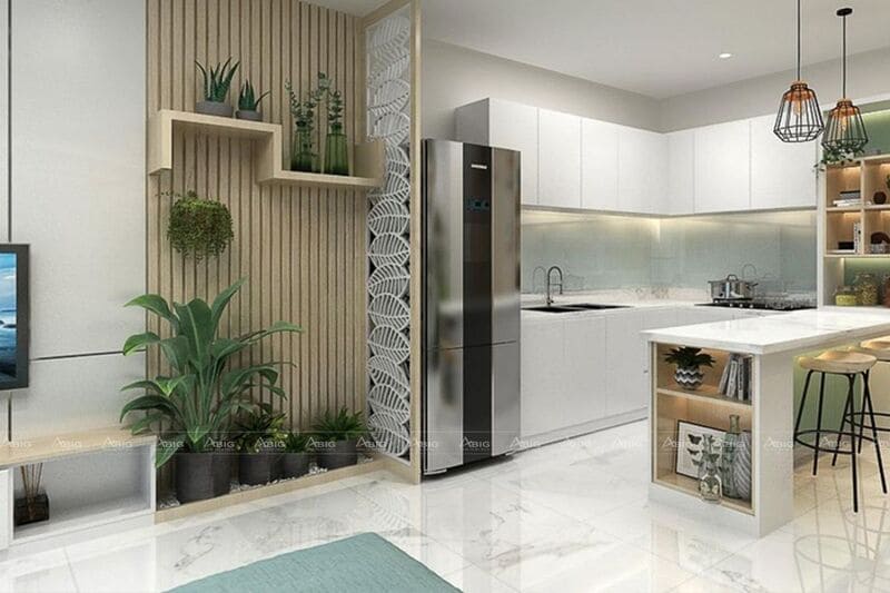 thiết kế phòng bếp chung cư hiện đại thông thoáng với chất liệu gỗ công nghiệp mdf