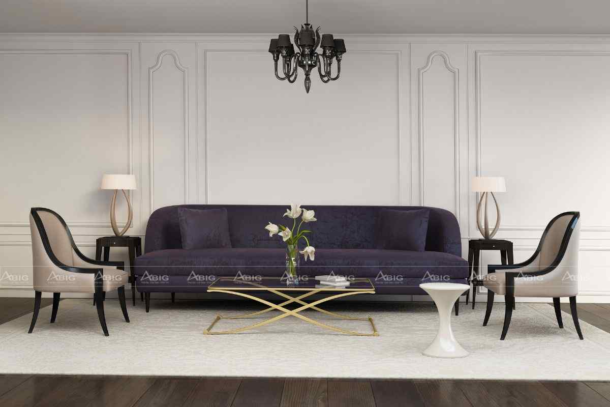 Thiết kế đơn giản gây ấn tượng mạnh với sofa nhung ở giữa phòng