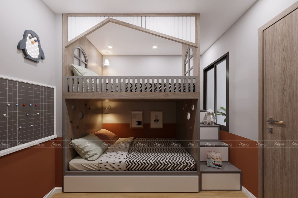 Phòng ngủ thiết kế hiện đại với tone trắng, nâu và xám.