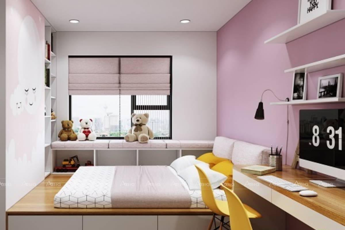Thiết kế nội thất phòng ngủ với gam màu trắng hồng nhẹ nhàng
