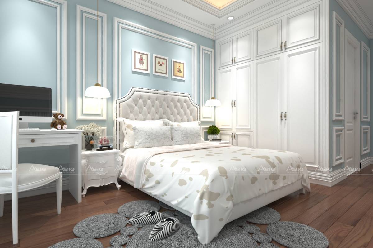 Thiết kế phòng ngủ 20m2 màu xanh trắng lãng mạn