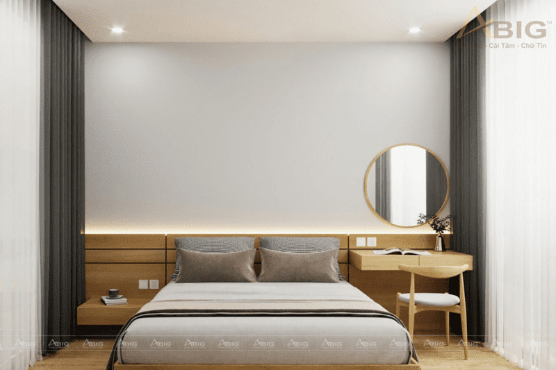 Nội thất phòng ngủ 1 được ốp gỗ màu nâu tạo sự hài hòa với tổng thể thiết kế.
