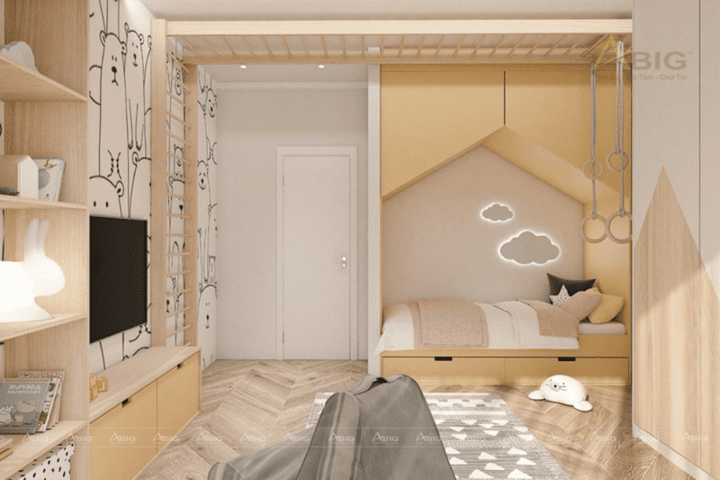 Thiết kế nội thất phòng ngủ con thứ nhất cho trẻ với gam màu hồng.