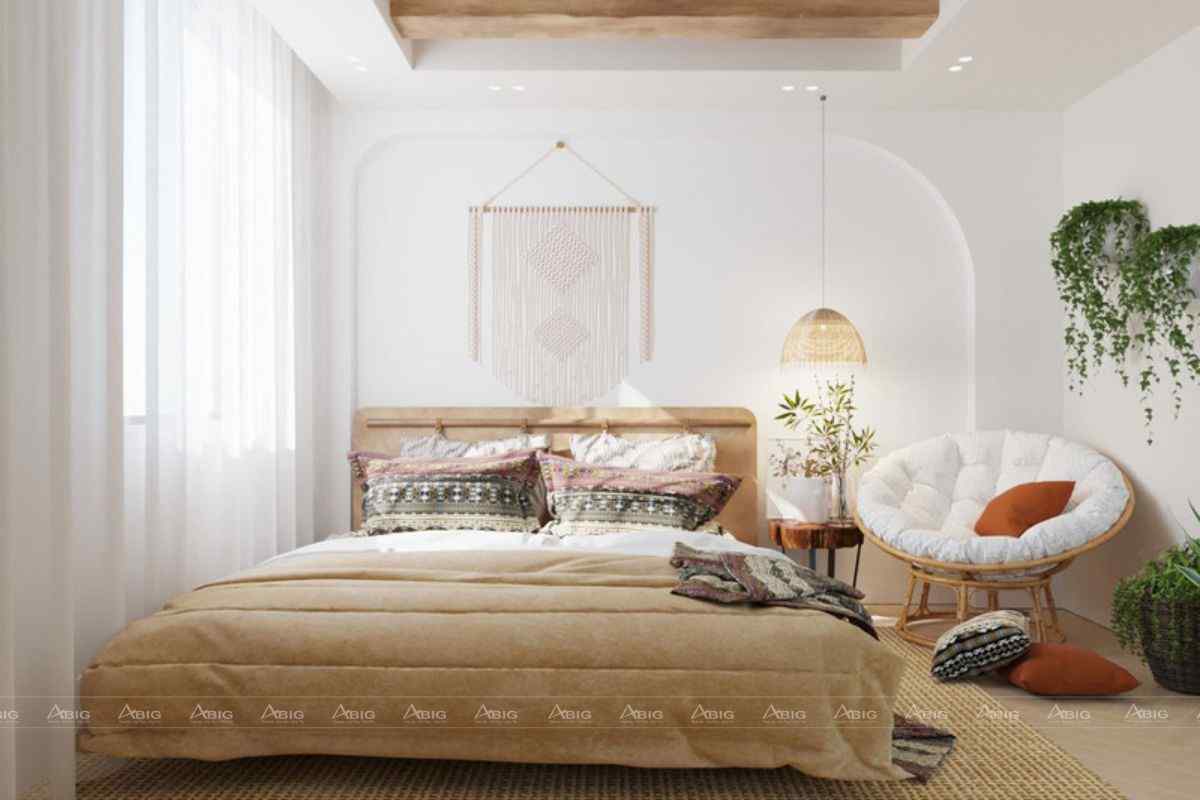 Phòng ngủ master với tone màu ấm áp và điểm thêm một chút thiên nhiên tràn đầy sức sống