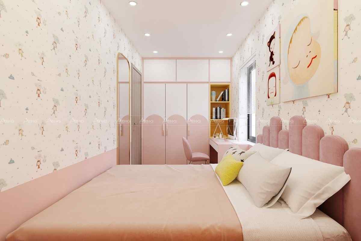 Phòng ngủ nhỏ với gam màu hồng pastel đáp ứng sở thích của bé