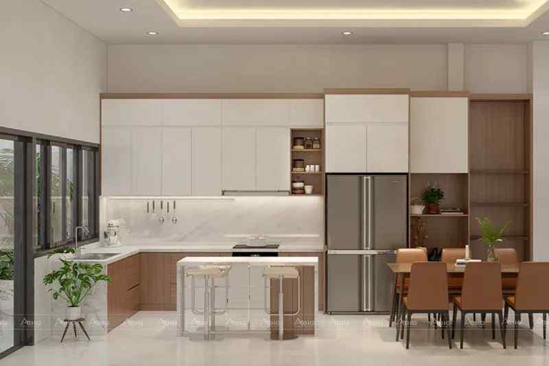 Nội thất phòng bếp với sự kết hợp giữa màu nâu và trắng làm tăng tính thấm mỹ cho không gian