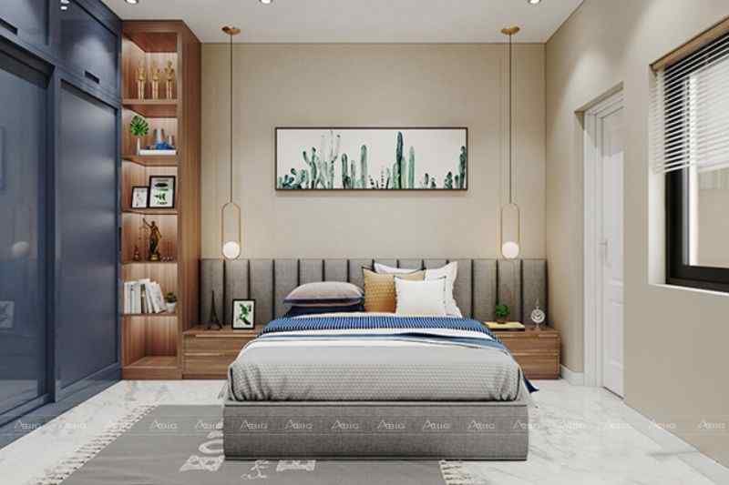 Phòng ngủ với thiết kế đối xứng, tranh treo nghệ thuật và đèn thả trần giúp phòng ngủ thêm sinh động