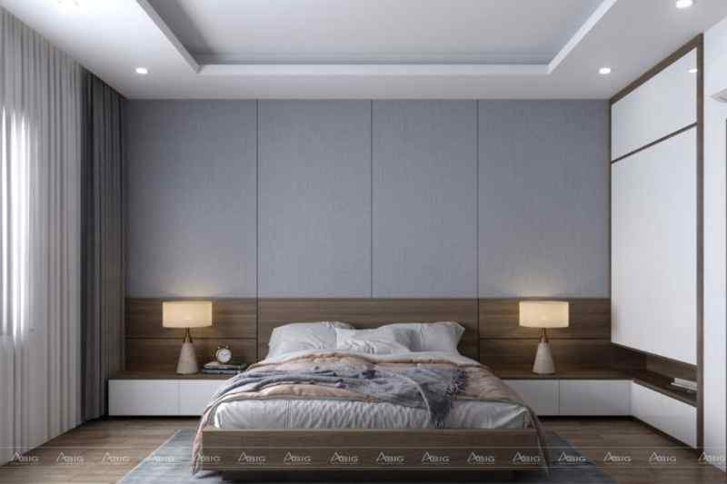 Thiết kế tab đầu giường đơn giản với 2 chiếc đèn ngủ có cùng thiết kế