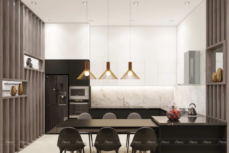 Nội thất nhà bếp được tô điểm đặc sắc với đèn thả trần kiểu dáng hiện đại cùng sự kết hợp màu sắc giữa trắng và đen