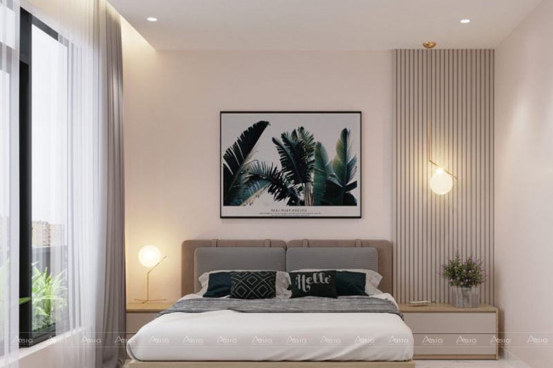 Phòng ngủ 2 được trang trí bức họa cỏ cây cho không gian thêm phần lãng mạn