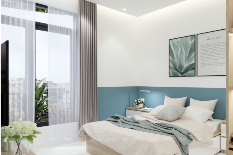 Phòng ngủ được bao phủ bởi màu xanh pastel nhẹ nhàng, giúp người ở có những phút giây thư giãn hiệu quả
