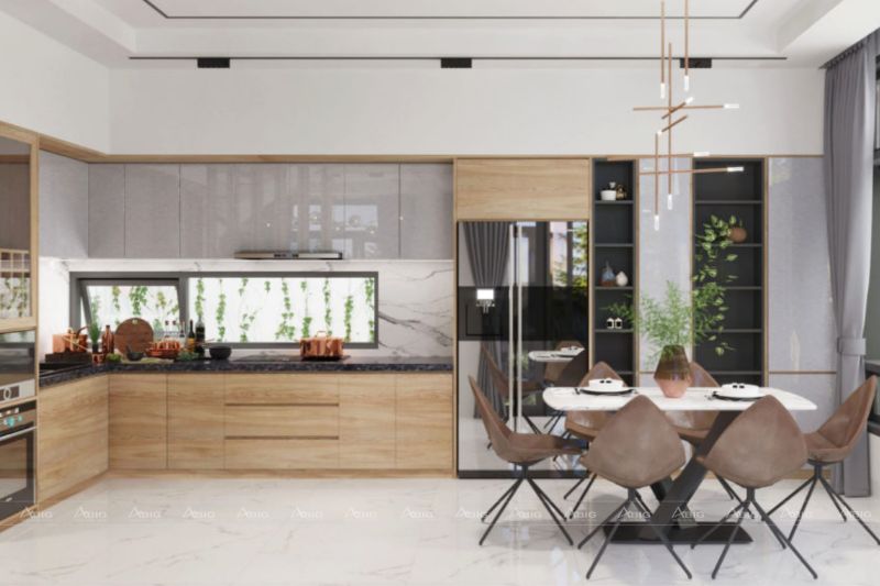 Thiết kế nội thất nhà bếp với khung thoát mùi được đặt ngay hệ thống tủ bếp