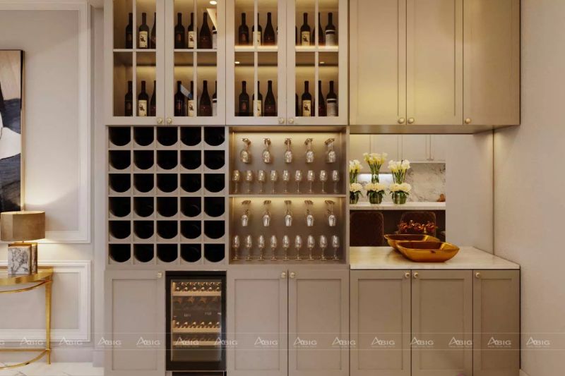 Khu vực tủ đựng rượu riêng biệt phục vụ cho đam mê sưu tầm đồ uống của gia chủ
