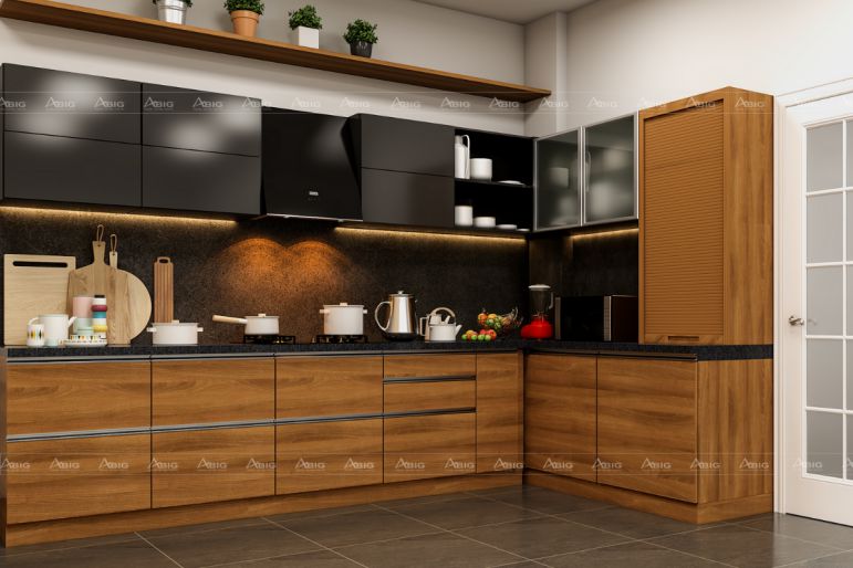 Màu tủ bếp gỗ cho không gian bếp đầm ấm.
