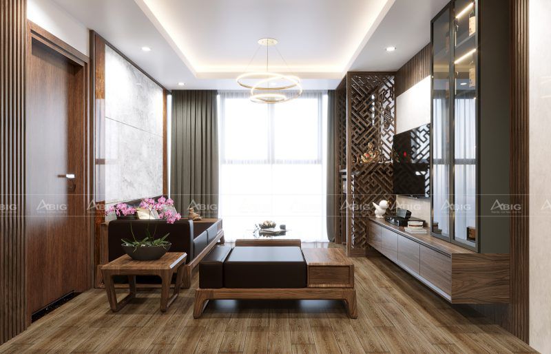 Ánh sáng tự nhiên giúp cân bằng sắc gỗ trầm phòng khách